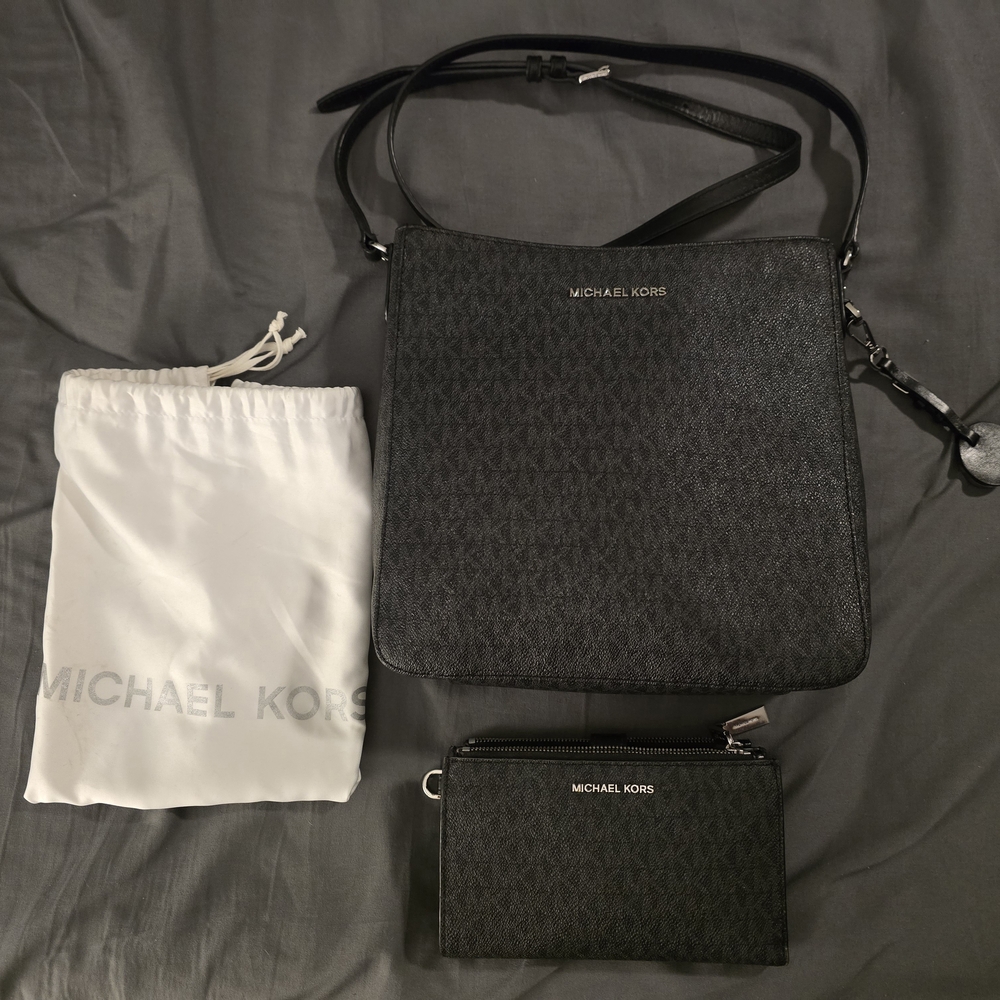 Michael Kors Black Messenger Bag with Monogram Pattern